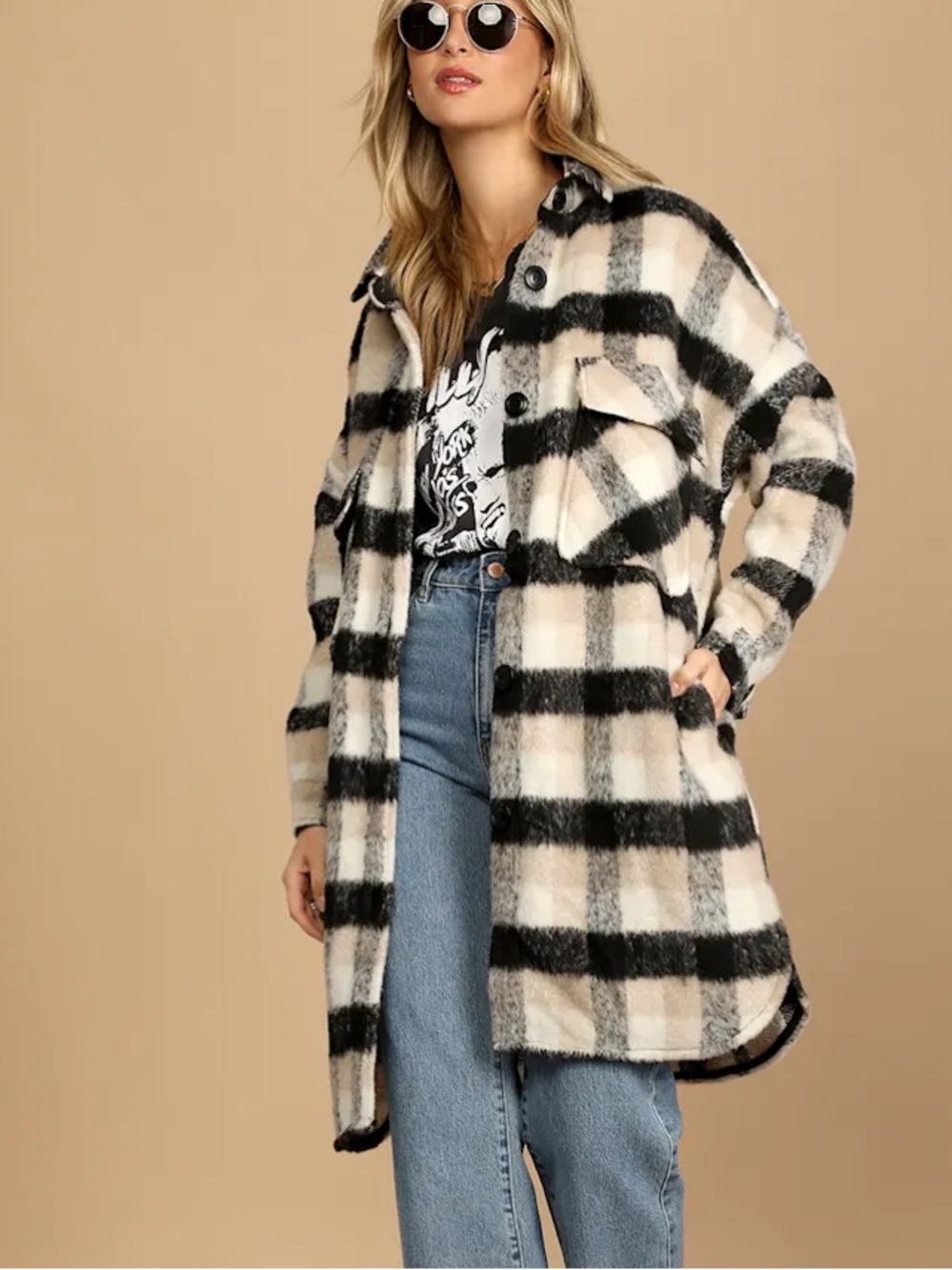 RD Style Plaid Check Fuzzy Oversized Shacket Medium